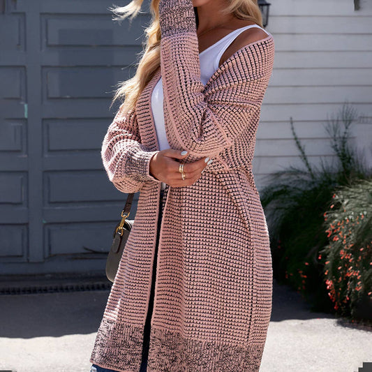 Solid color medium long knit cardigan jacket for women