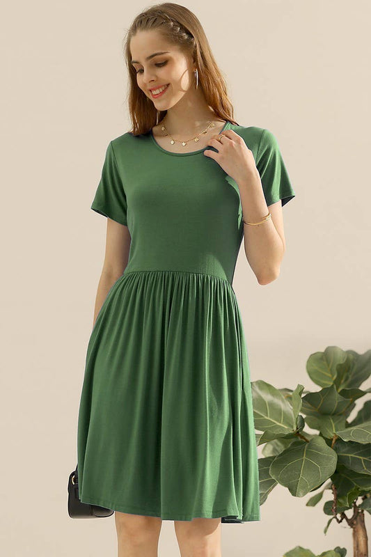 CWDSD10374_CREWNECK SHIRRED FLOWY SWING SHORT SLEEVE DRESSES