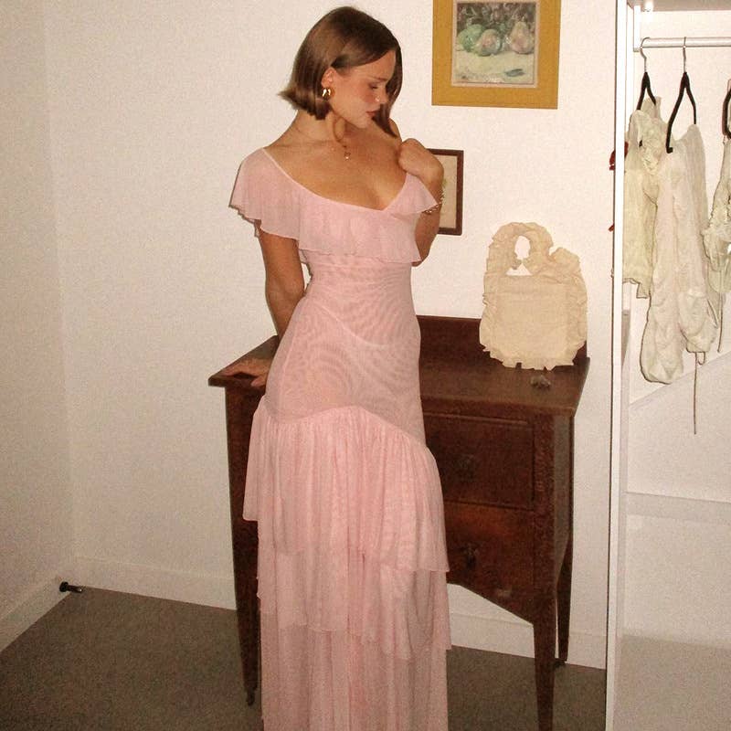 Ruffled V-Neck Mesh Backless Midi Dress