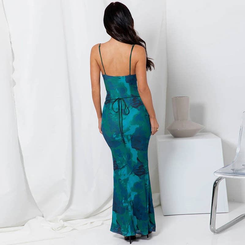 Sexy backless lace-up slim print halter dress
