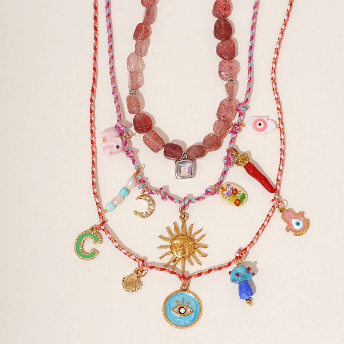 Fabric Sun Moon Necklace with Pink Crystal Charm_CWMM7539