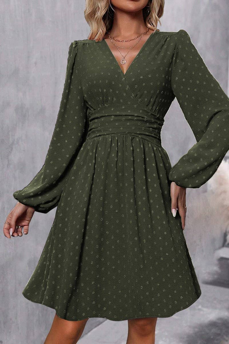 CWDSD6427_JACQUARD V-NECK LANTERN SLEEVE DRESS