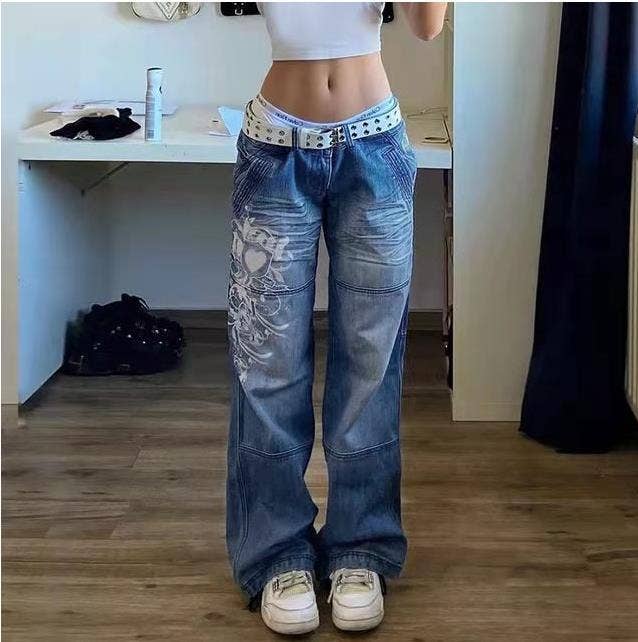 Fashion printed straight-through wide-leg jeans