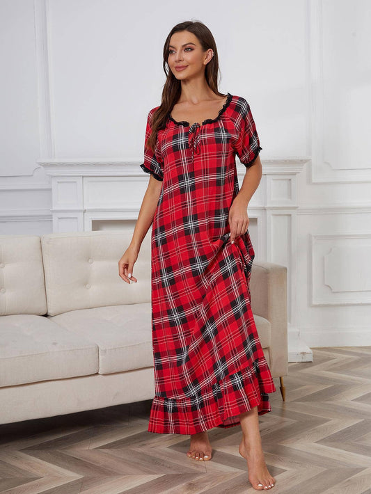 SHORT-SLEEVED RED PLAID HOME NIGHTDRESS
