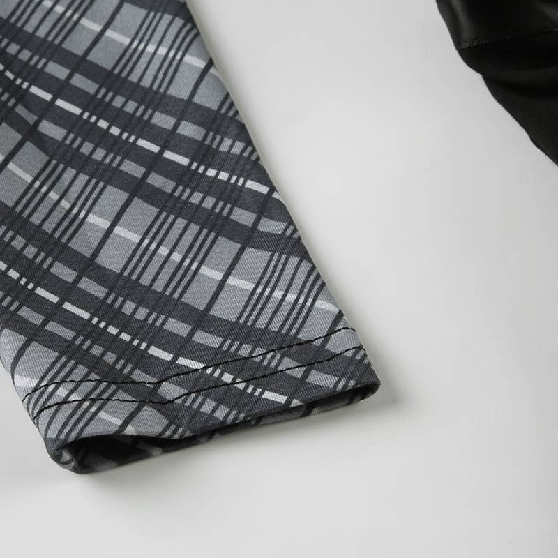 V-neck bow lace-up plaid color patchwork T-shirt