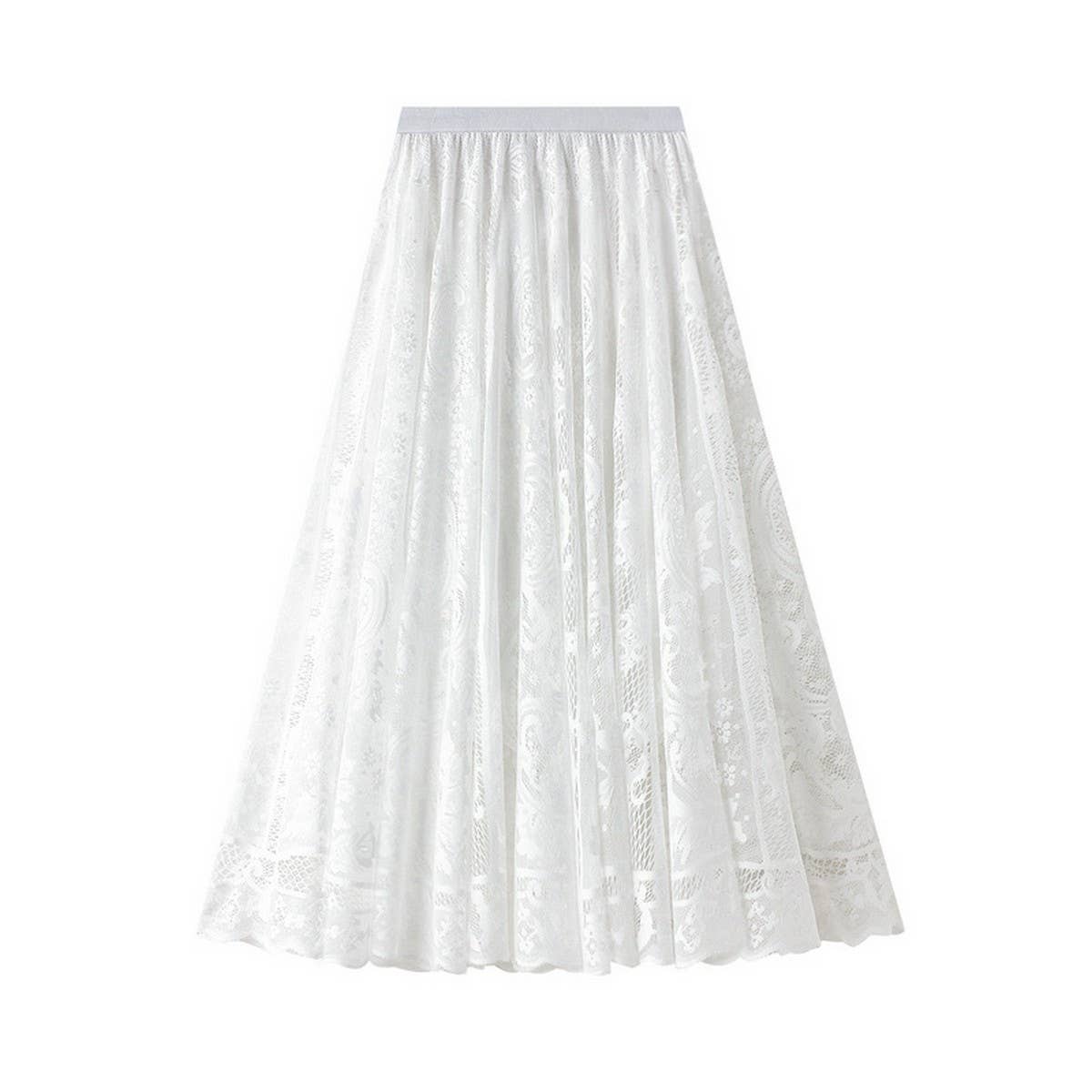 High-Waist A-Line Midi Skirt with Lace Overlay