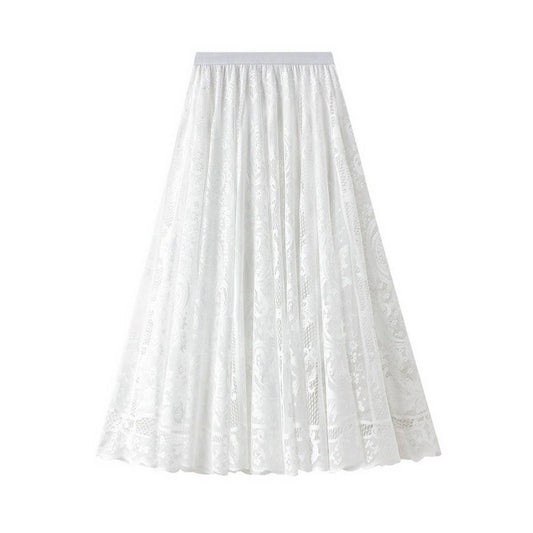 High-Waist A-Line Midi Skirt with Lace Overlay