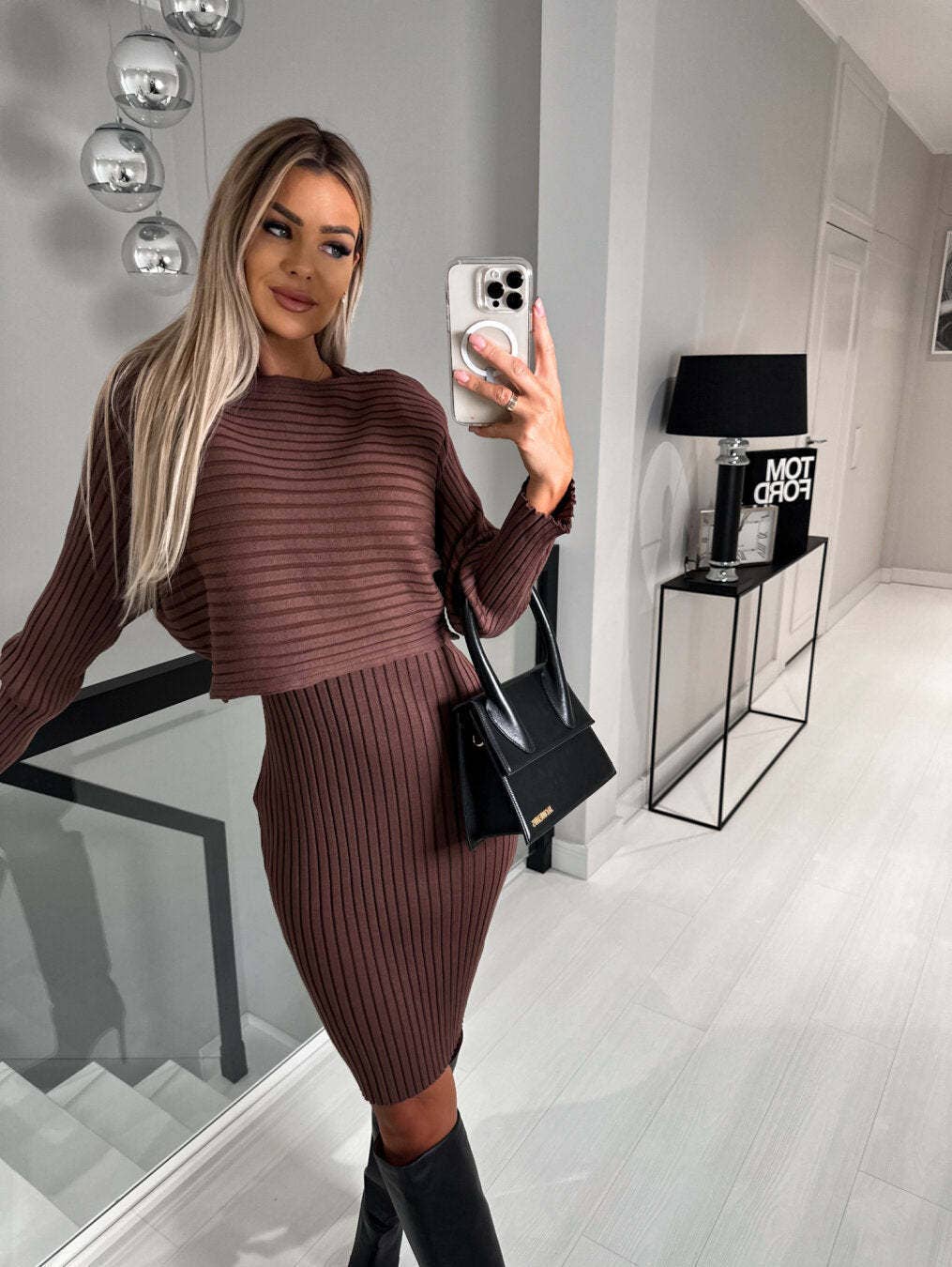 PIT STRIP LONG SLEEVE TOP SLIP SKIRT TWO-PIECE SET