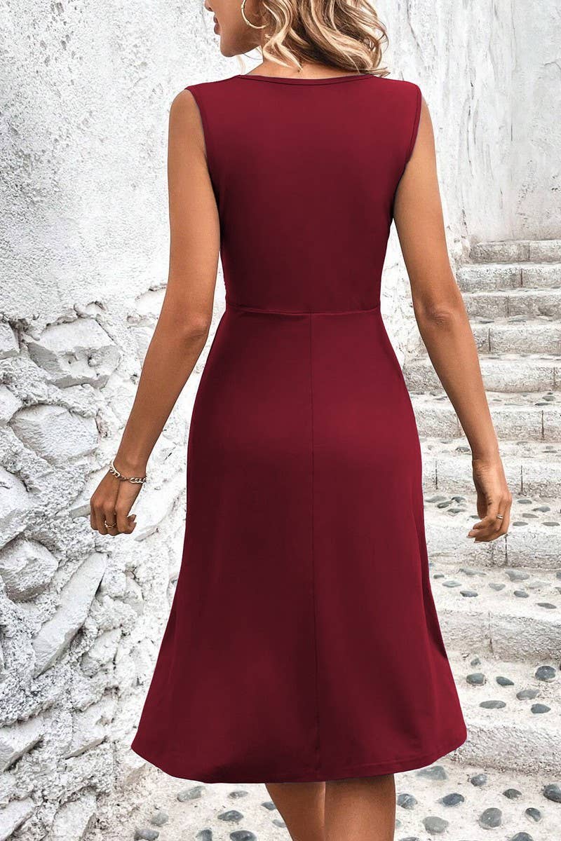 CWDMD4649_V-NECK WAIST CROSS PLEATED SLEEVELESS DRESS