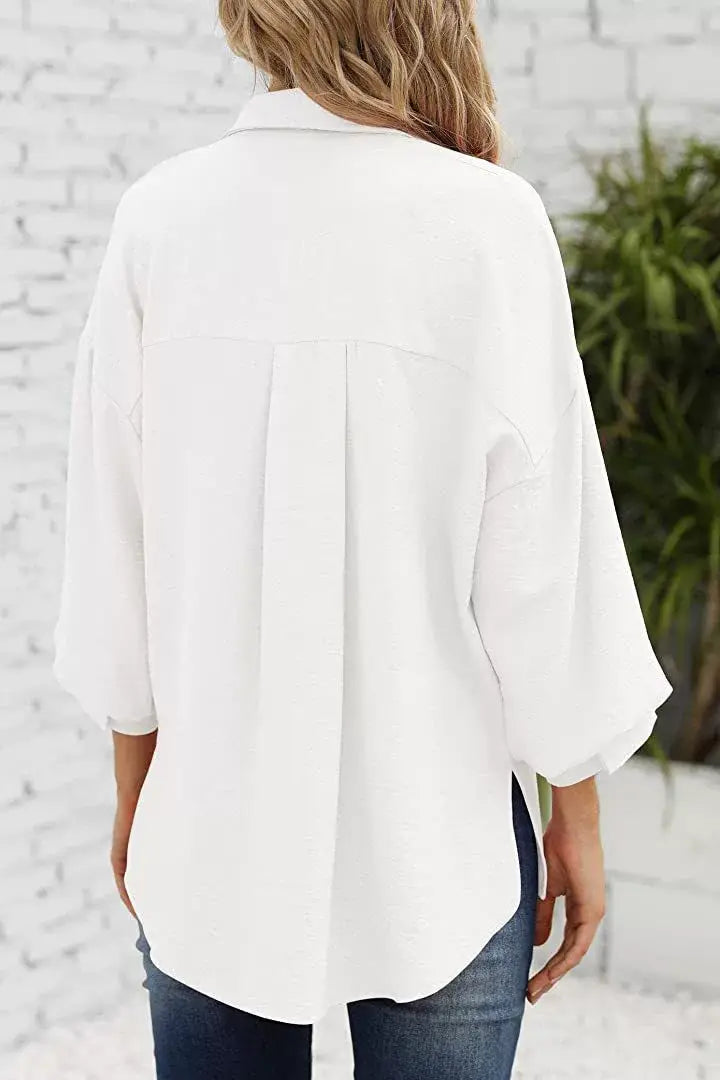 LANTERN SLEEVE BUTTON V-NECK CHIFFON CASUAL SHIRT