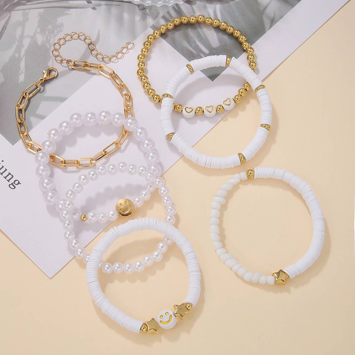 WHITE POLYMER CLAY STAR SMILEY FACE BRACELET SET