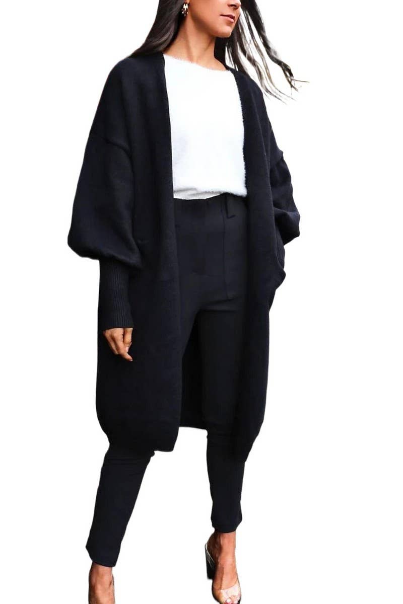 CWOCAL0821_PUFF SLEEVE  BUTTONLESS KNITTED CARDIGAN SWEATER