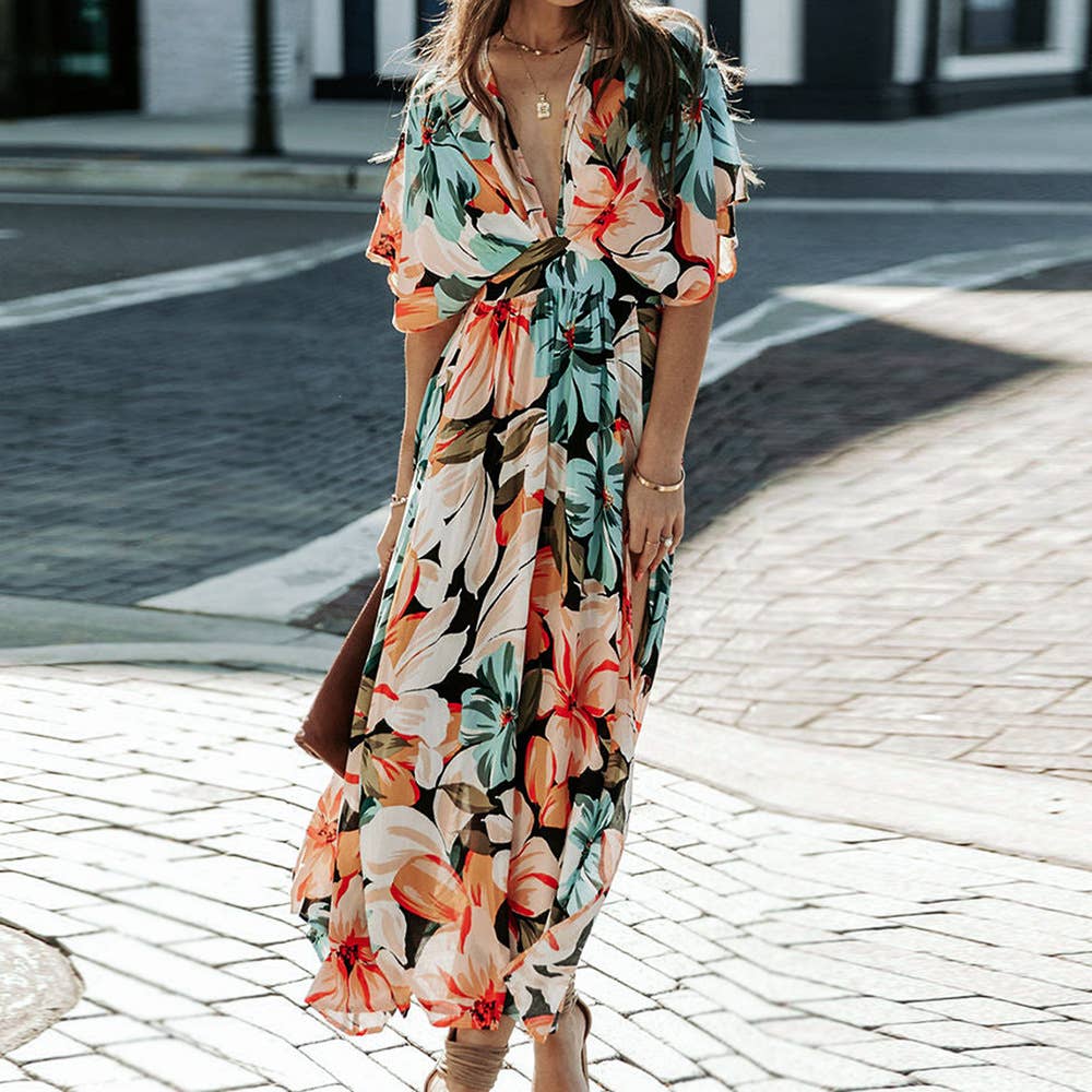 STYLISH V-NECK SLITS PRINT DRESS
