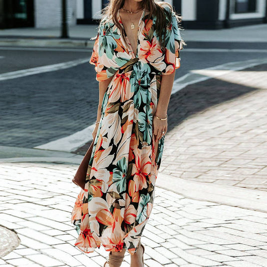 STYLISH V-NECK SLITS PRINT DRESS