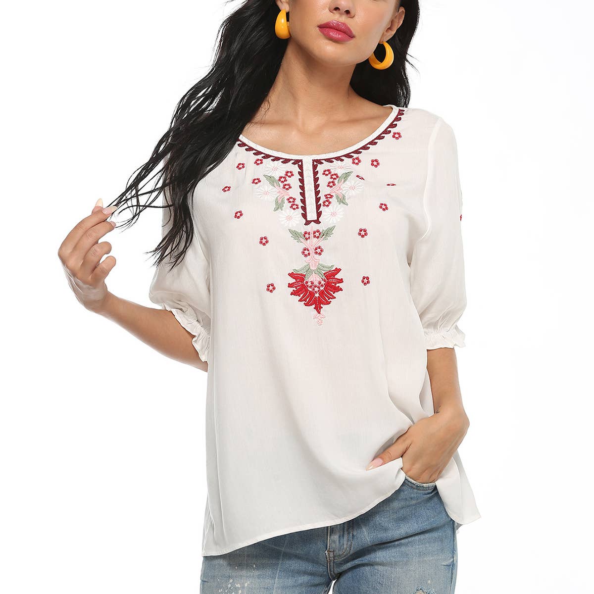 EMBROIDERED LOOSE CREW NECK PULLOVER TOP