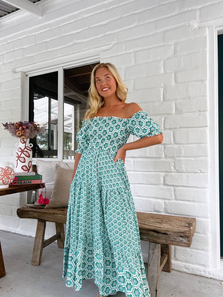 Print puffed sleeves large swing long waist dress