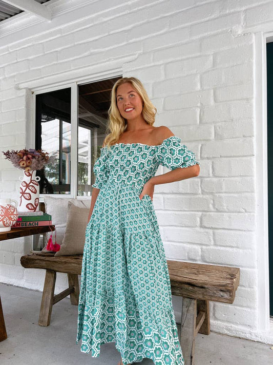 Print puffed sleeves large swing long waist dress