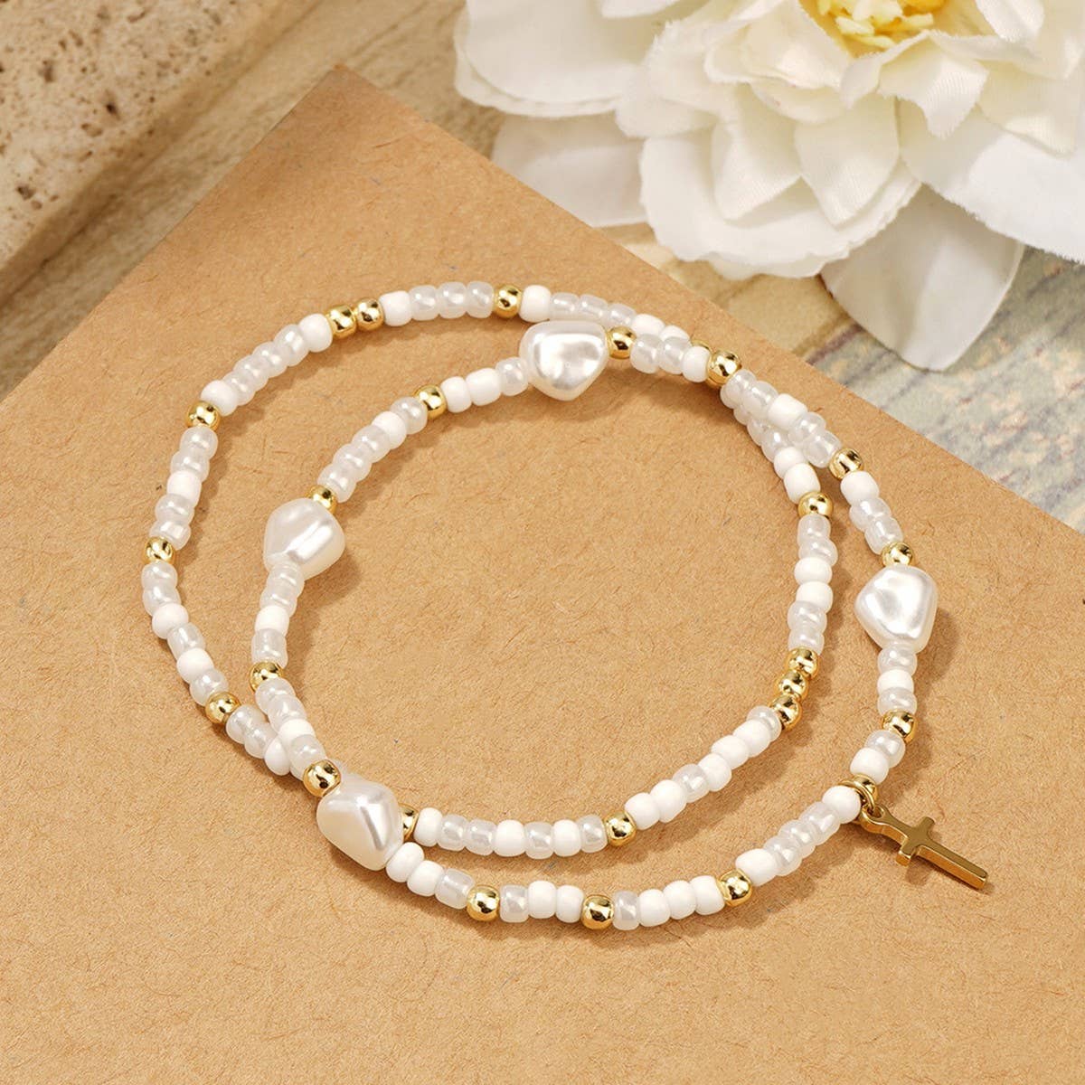 IMITATION PEARL CROSS RICE BEAD BRACELET