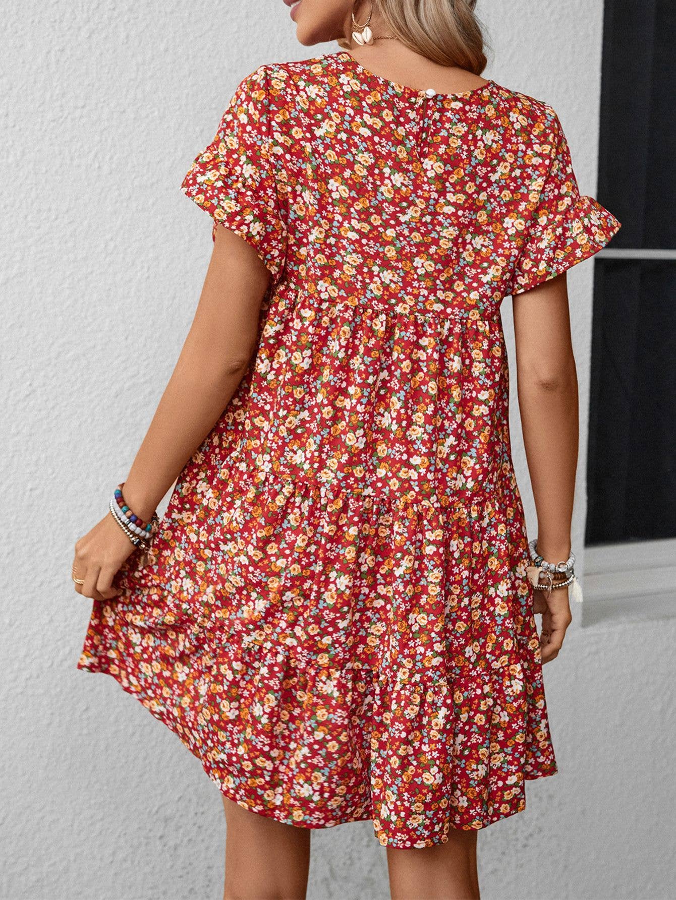 Leopard print floral crew-neck casual loose dress