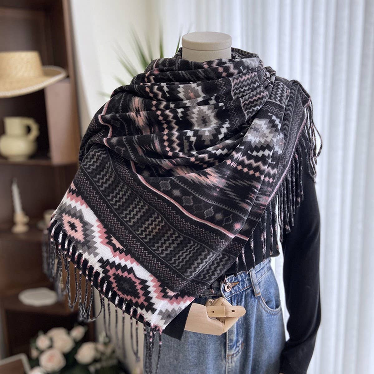 ETHNIC STYLE DOUBLE-SIDED PRINTED TASSEL SCARF