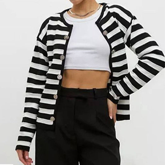 Temperament slim striped knit cardigan
