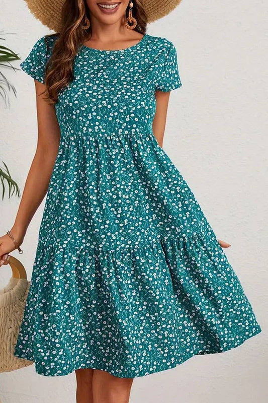 CWDMD5595_SPRING AND SUMMER PRINTED ROUND NECK DRESS