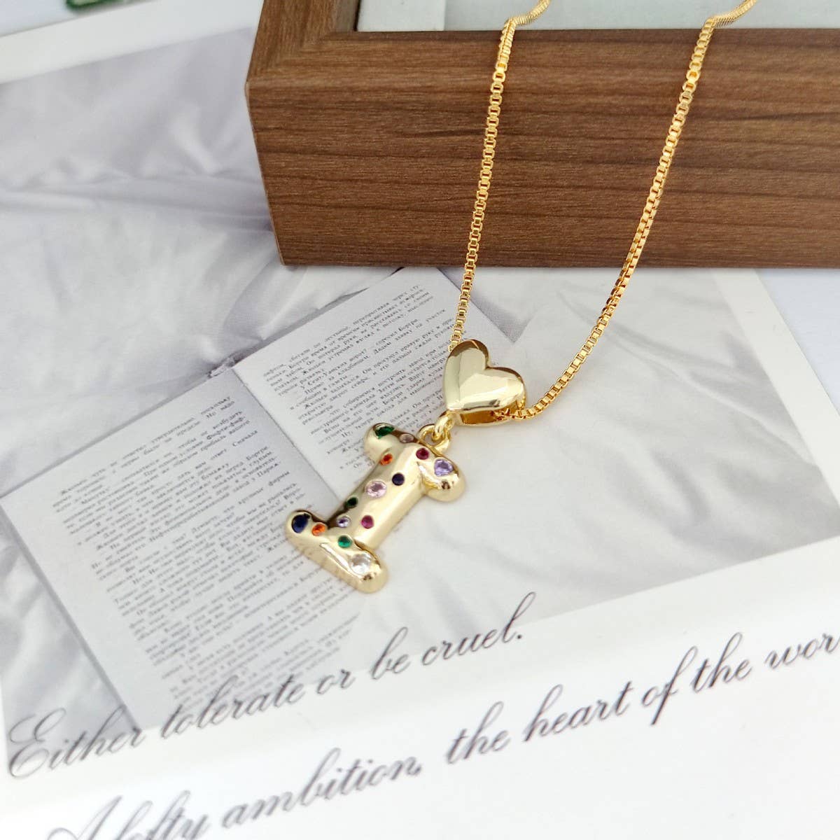 Colorful Zirconia Heart Letter Pendant Necklace