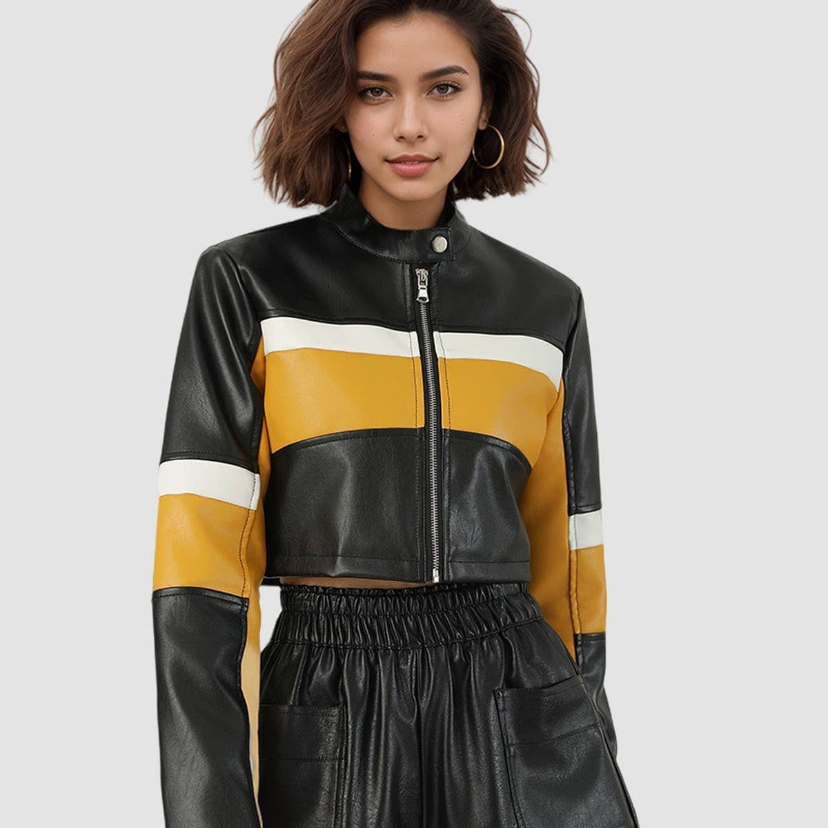 Colorblock PU Biker Jacket?Sexy Slim Stand Collar