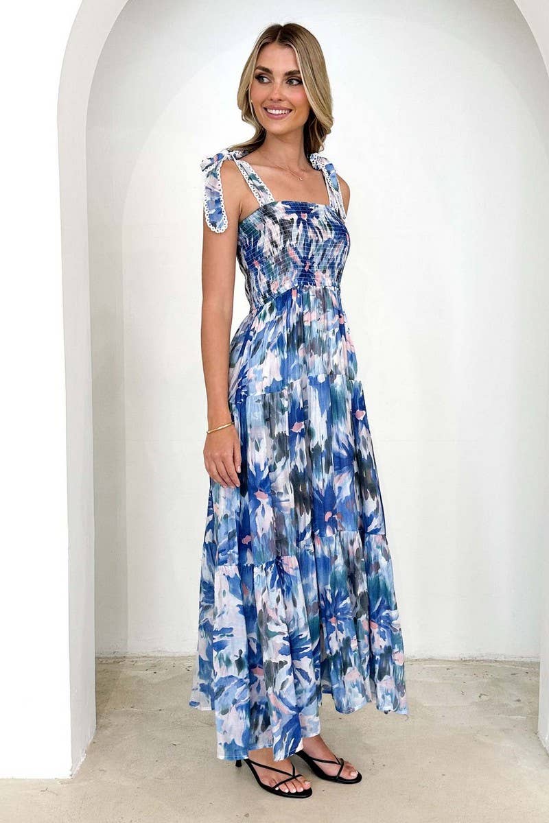 CWDMD5611_SPAGHETTI STRAP FLORAL SMOCKED WAIST MAXI DRESS