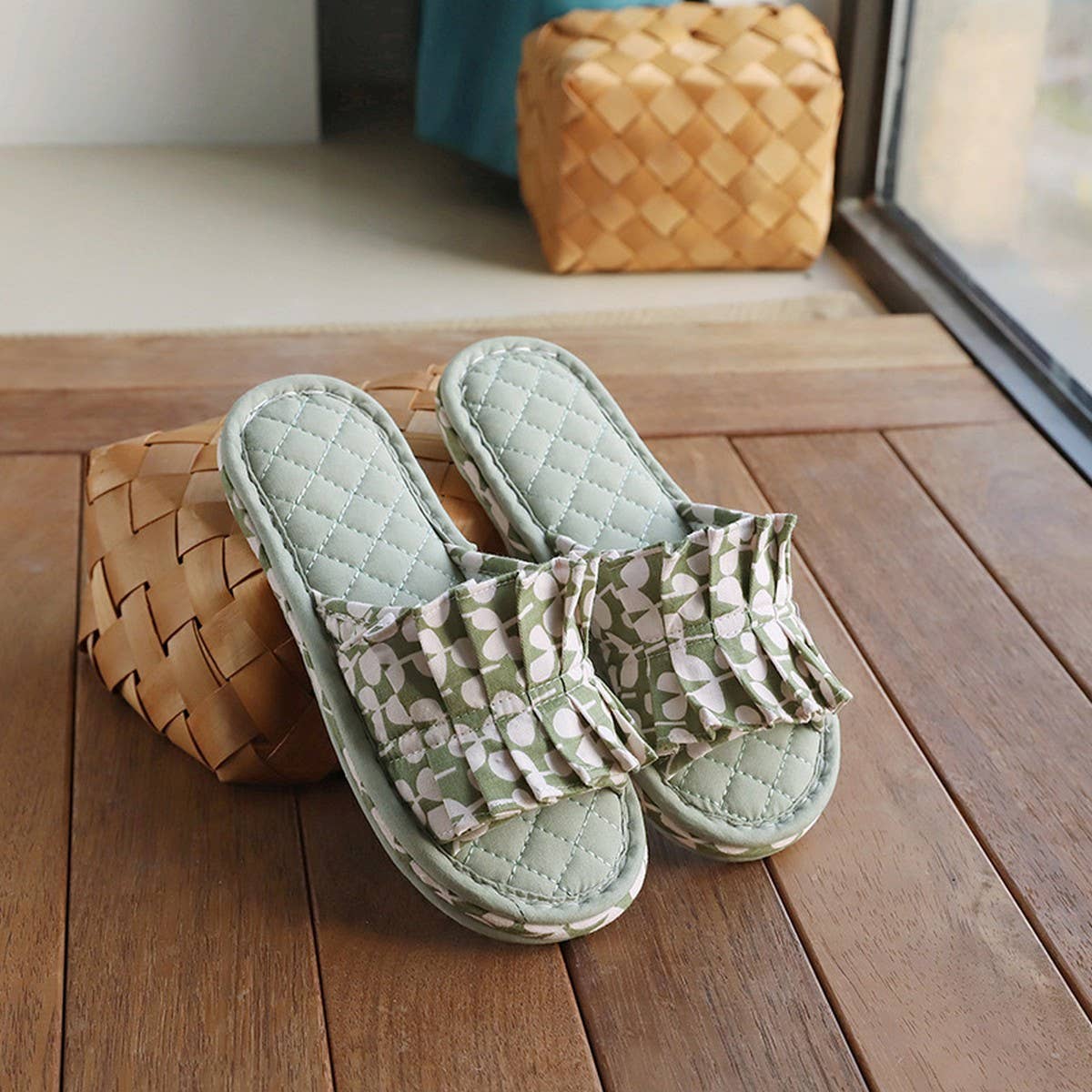 Floral Cotton Floor Slippers with Thick Sole