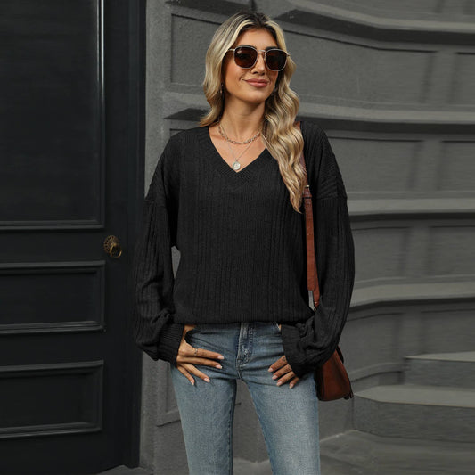 SOLID COLOR V-NECK BAGGY PIT STRIP SHIRT