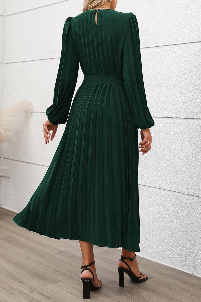 CWDMD01038_ELEGANT VINTAGE LONG SLEEVE PLEATED SOLID DRESS