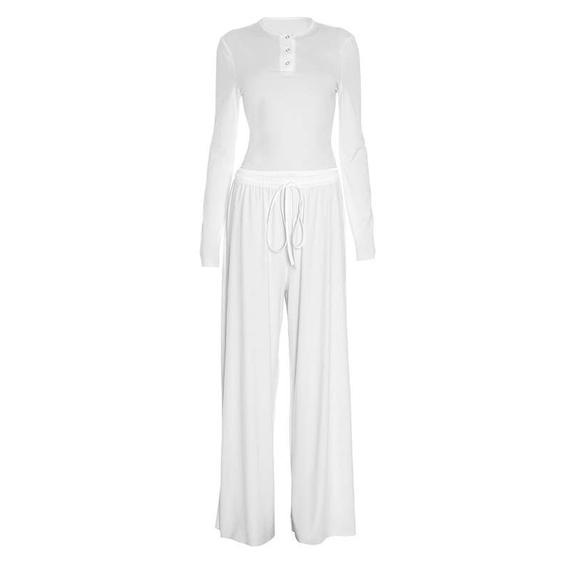 Round-neck solid crop top wide-leg pants set