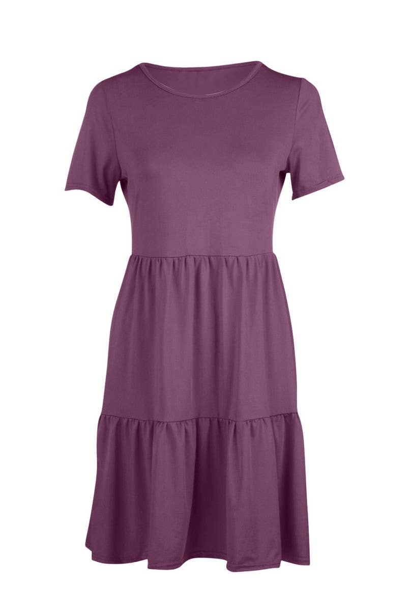 CWDSD8922_ROUND NECK SOLID COLOR CASUAL STITCHING DRESS