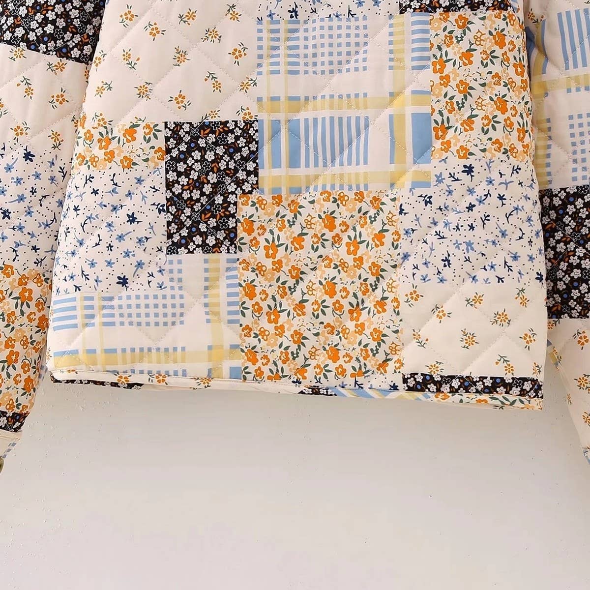 FLORAL PRINT PANELED BUTTON QUILTED JACKET