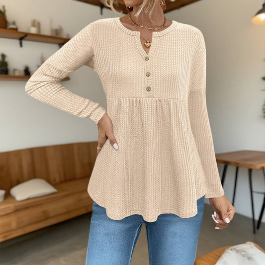 Half-Breasted Check Solid Color Long-Sleeved Top