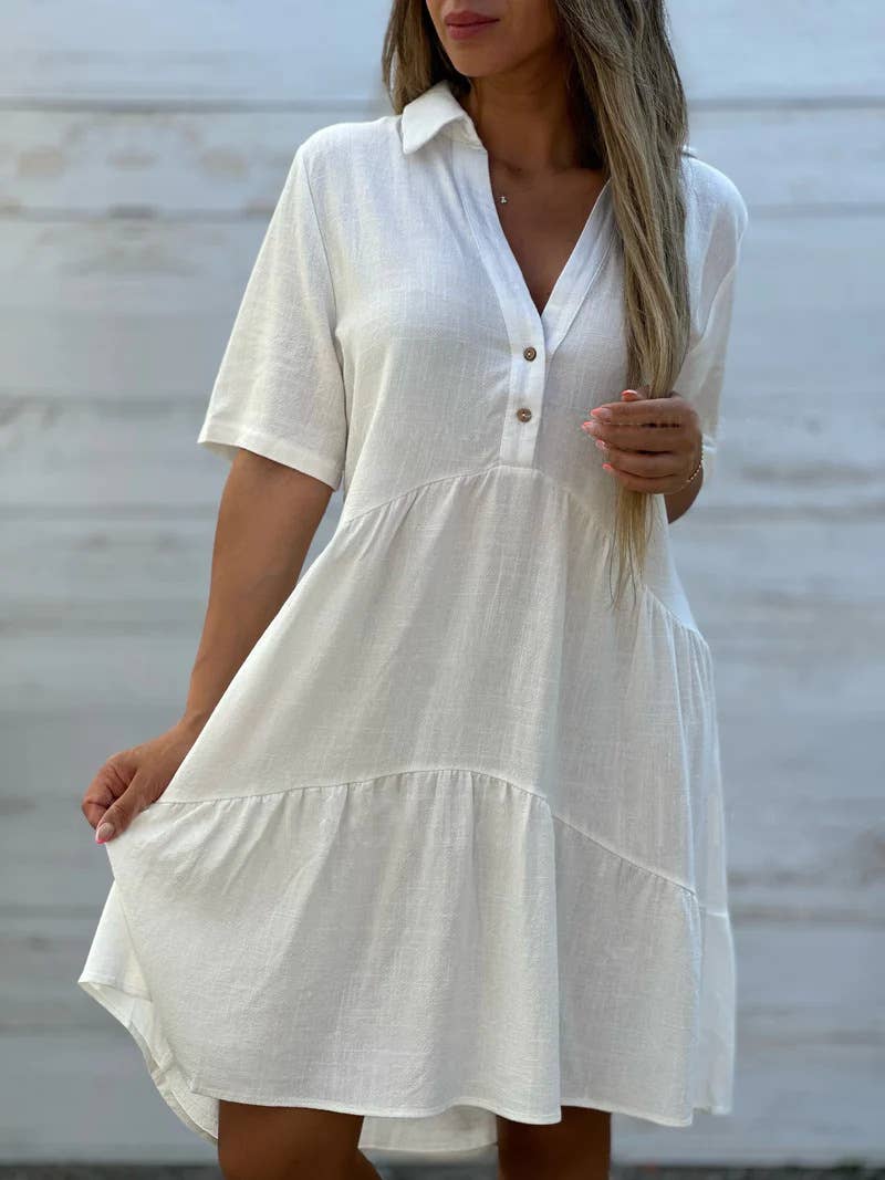 Loose solid color lapel short sleeve linen dress