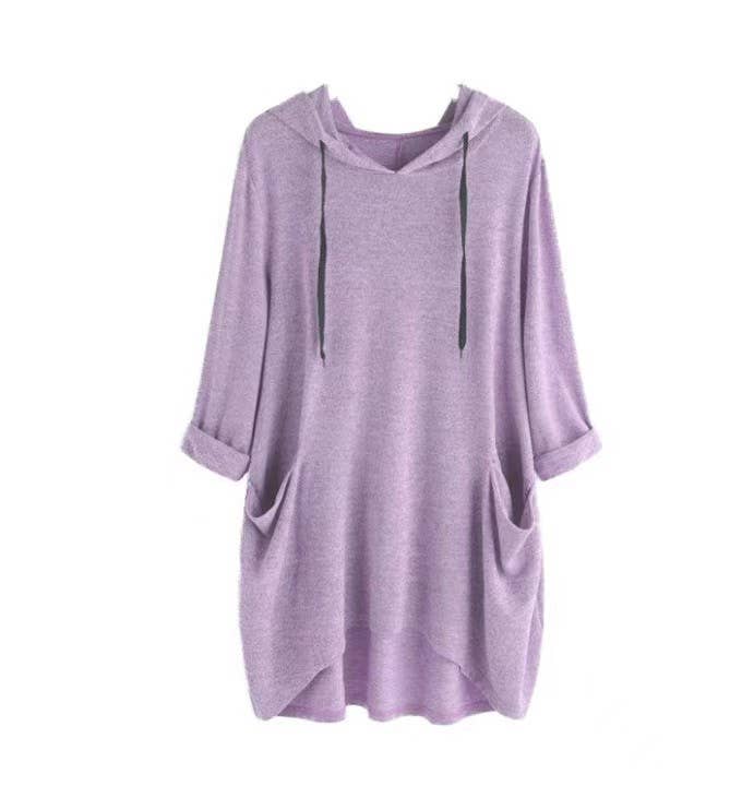 HOODED SOLID COLOR BAGGY IRREGULAR POCKET TOP