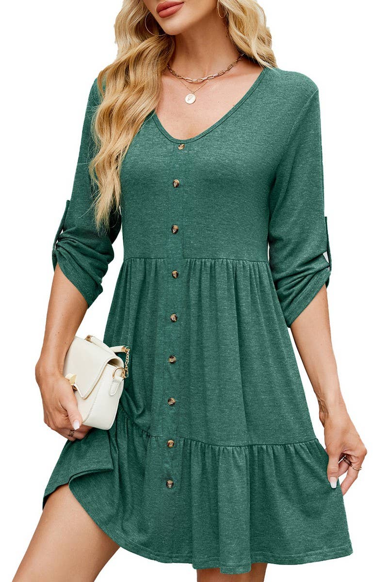 CWDSD7285_ROUND NECK BUTTON GATHERED ELBOW SLEEVE DRESS