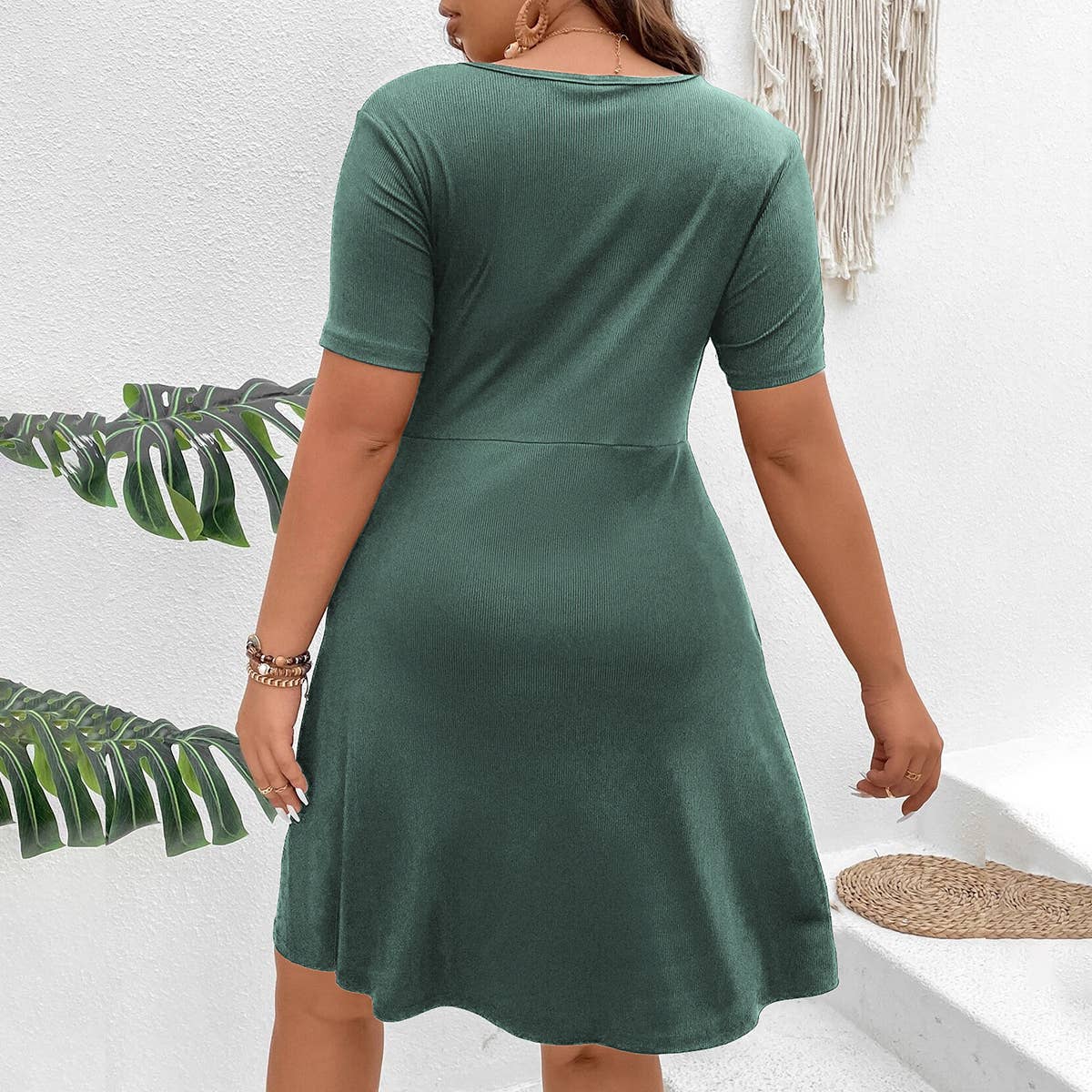 V NECK A LINE KNOT SOLID COLOR SHORT DRESS_CWDSD3299