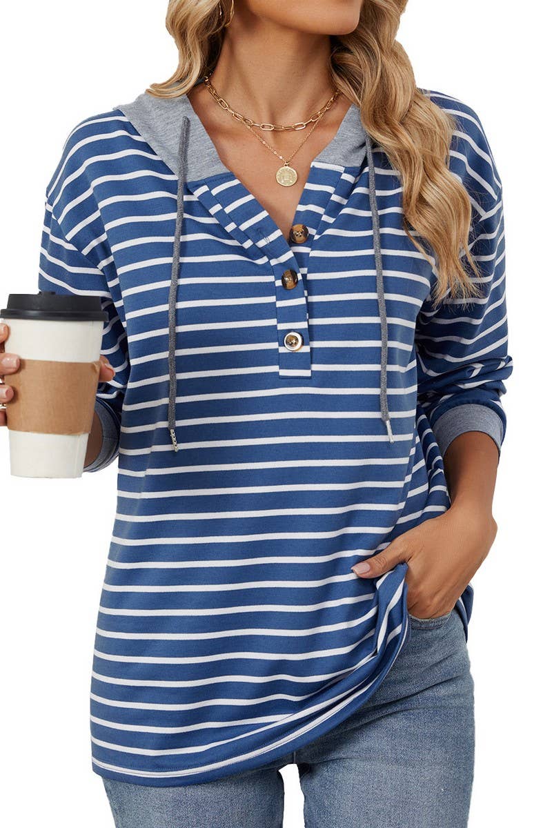 CWOHOL0719_HOODED BUTTON DRAWSTRING LONG SLEEVE SWEATSHIRT