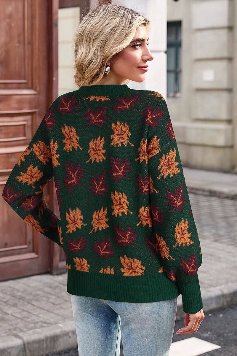 CWOSWL07299_CASUAL CREWNECK JACQUARD KNIT SWEATER WITH LEAF