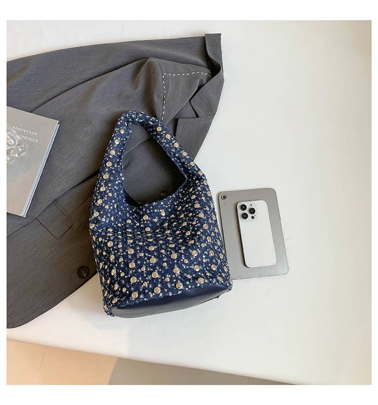 Fashionable riveted denim single-shoulder bag