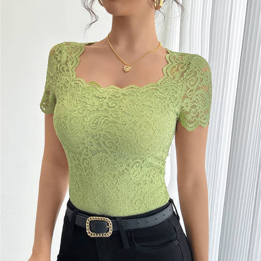 Solid-color lace form-fitting square T-shirt