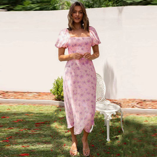 PRINTED LINE NECK DRESS WITH PUFFY SLEEVES