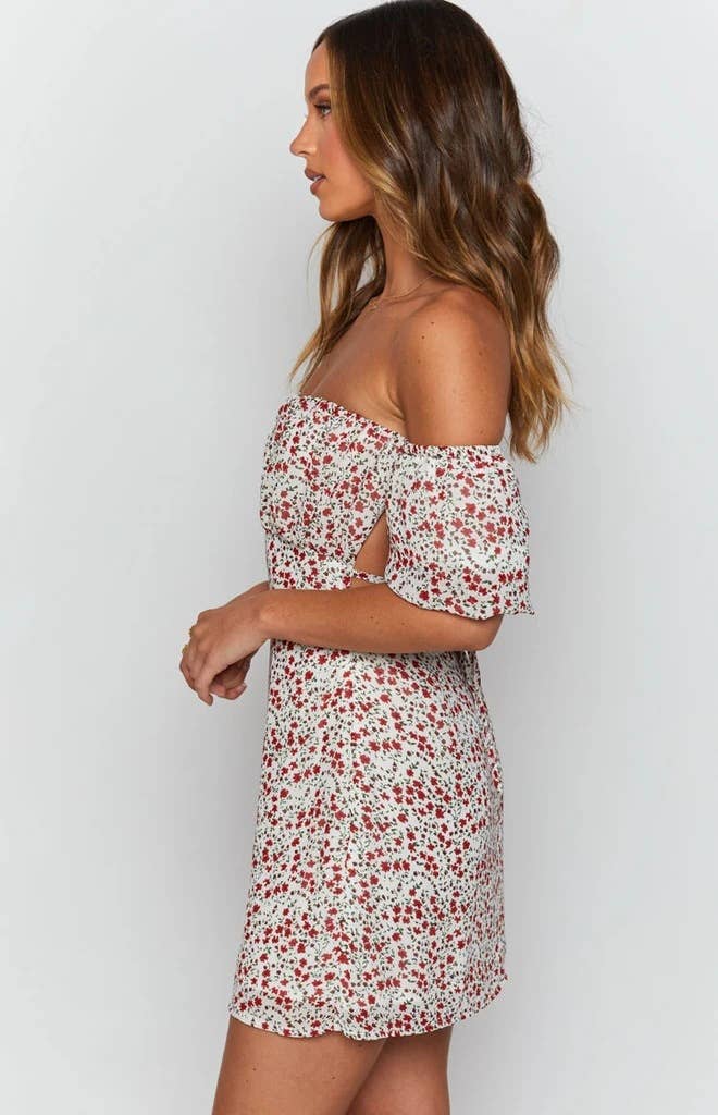 ONE-SHOULDER SMALL FLORAL HALTER SHORT DRESS
