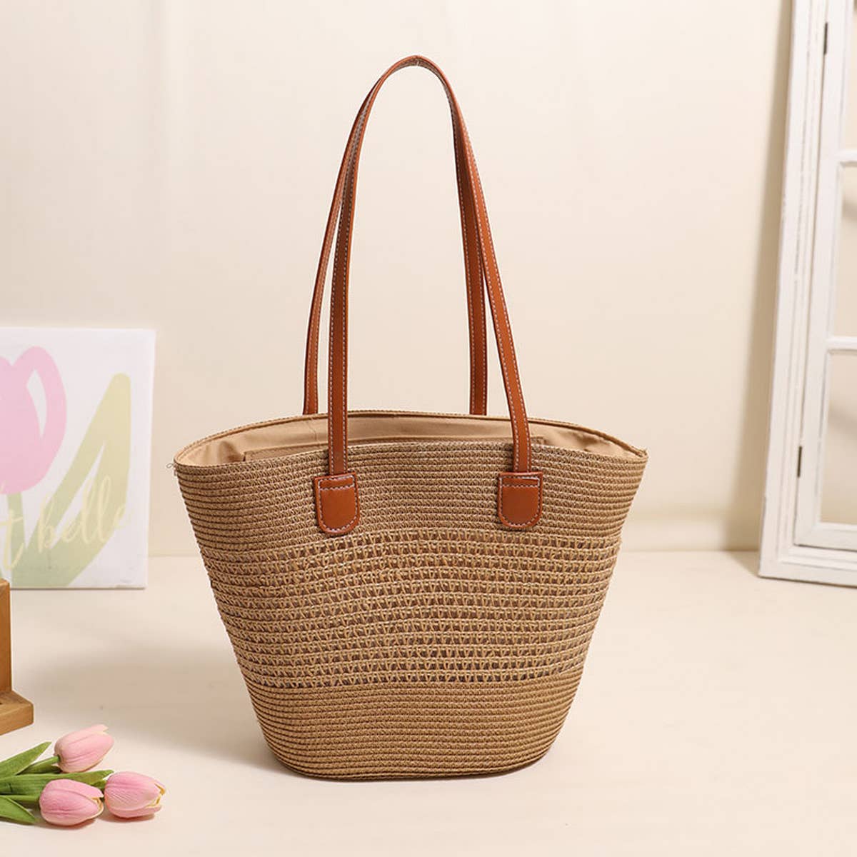 HOLLOW STRIPED ONE-SHOULDER BEACH STRAW BAG_CWAB1867
