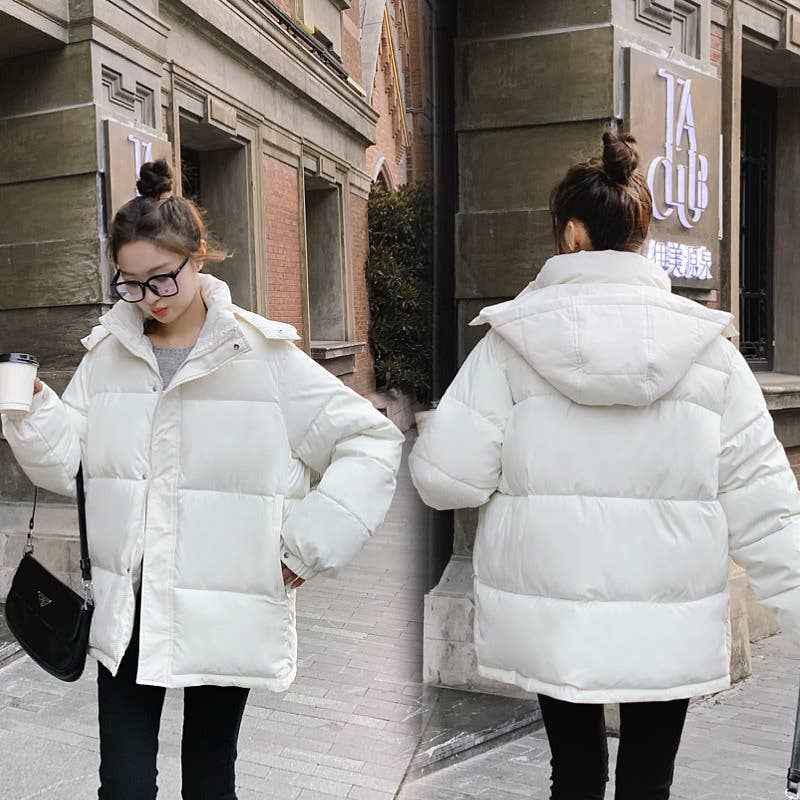 Solid-color hooded cotton-padded jacket