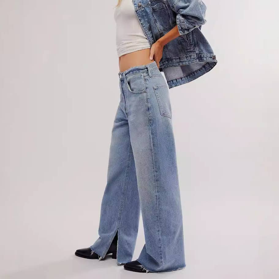 Fashionable split straight-leg pants washed jeans