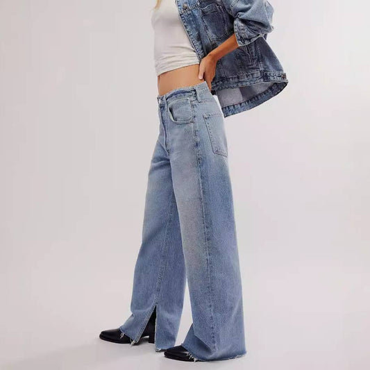 Fashionable split straight-leg pants washed jeans